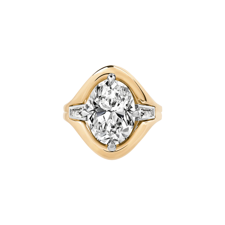 Oval Diamond Chunky Bezel Ring with Tapered Baguette Side Stones in Two-Tone