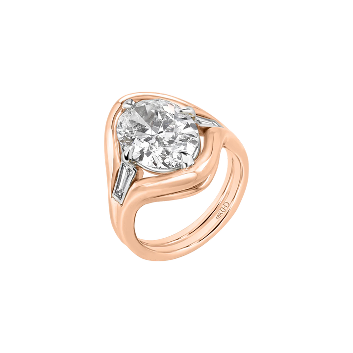 Oval Diamond Chunky Bezel Ring with Tapered Baguette Side Stones in Two-Tone