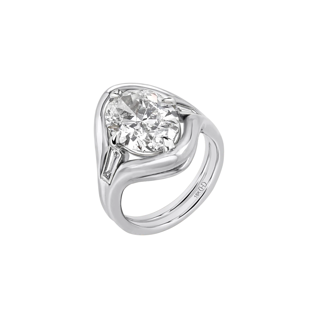 Oval Diamond Chunky Bezel Ring with Tapered Baguette Side Stones in Two-Tone