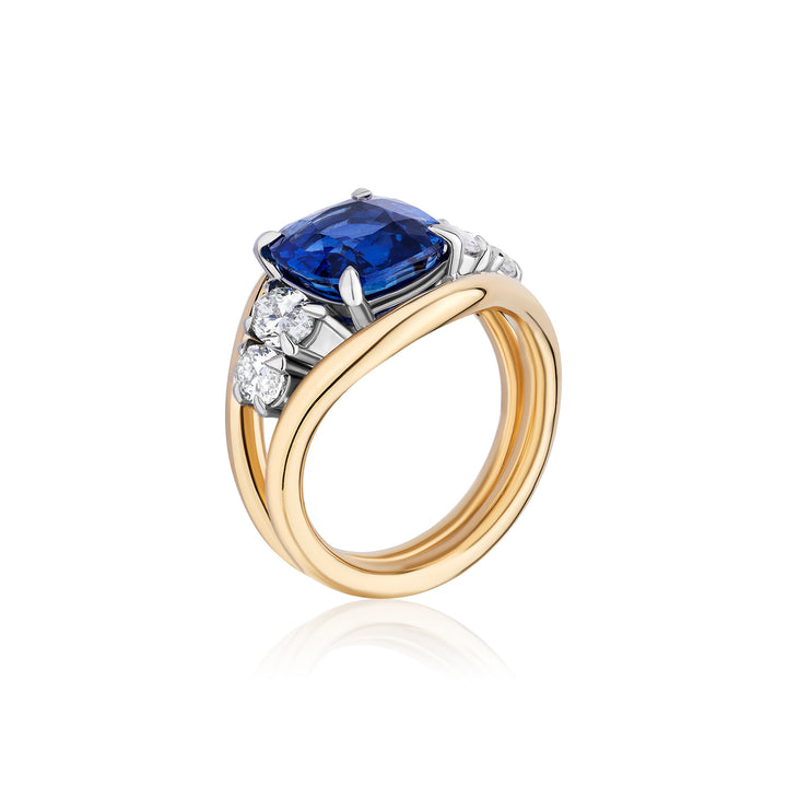 Blue Cushion Sapphire with Oval Diamond Side Stones