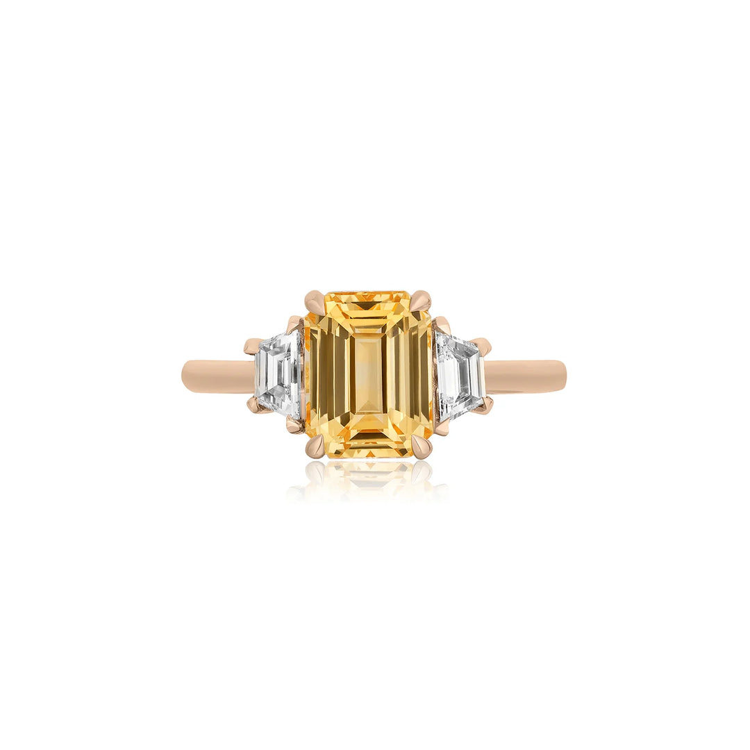 Emerald-Cut Yellow Sapphire with Trapezoid Diamond Side-Stones