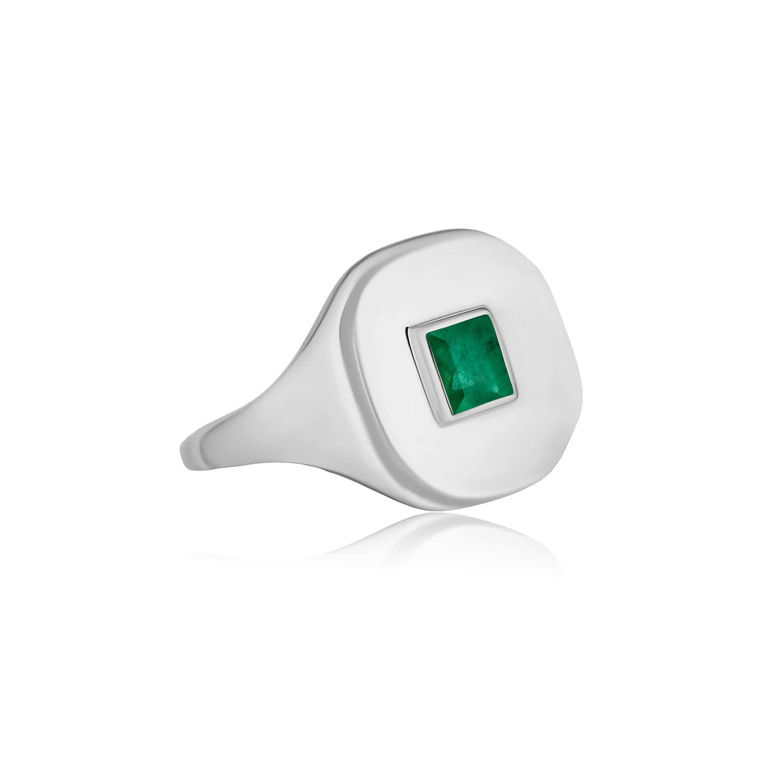 Mini Cushion Shape Green Emerald Signet Ring