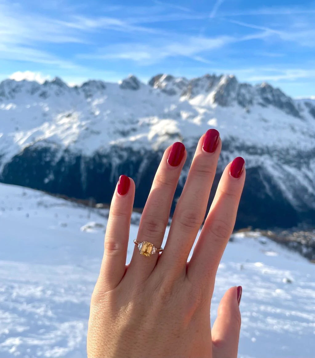 Emerald-Cut Yellow Sapphire with Trapezoid Diamond Side-Stones