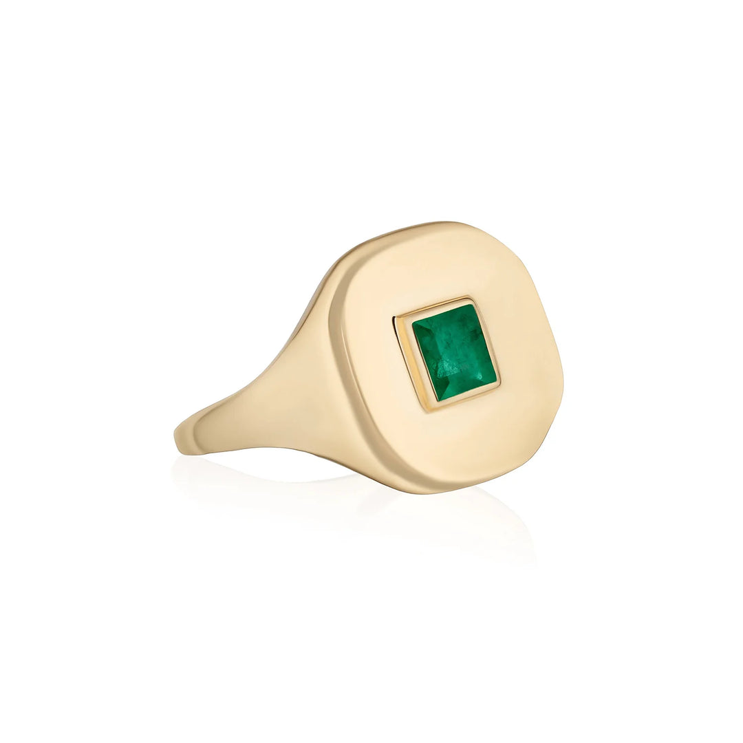 Mini Cushion Shape Green Emerald Signet Ring