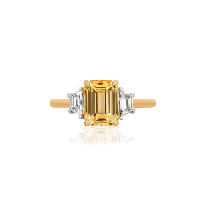 Emerald-Cut Yellow Sapphire with Trapezoid Diamond Side-Stones