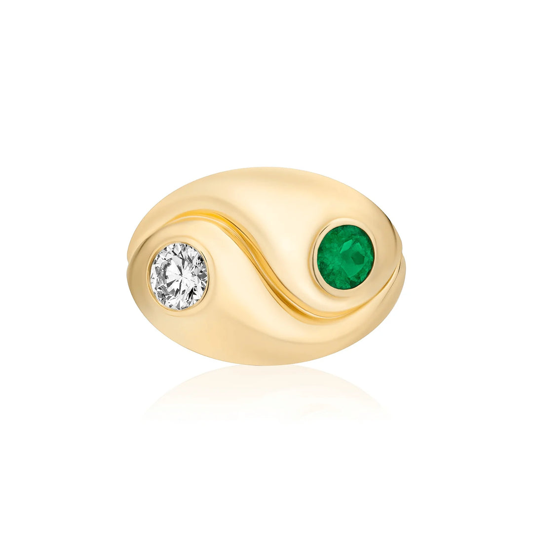 Yin Yang Green Emerald and Diamond Signet Ring
