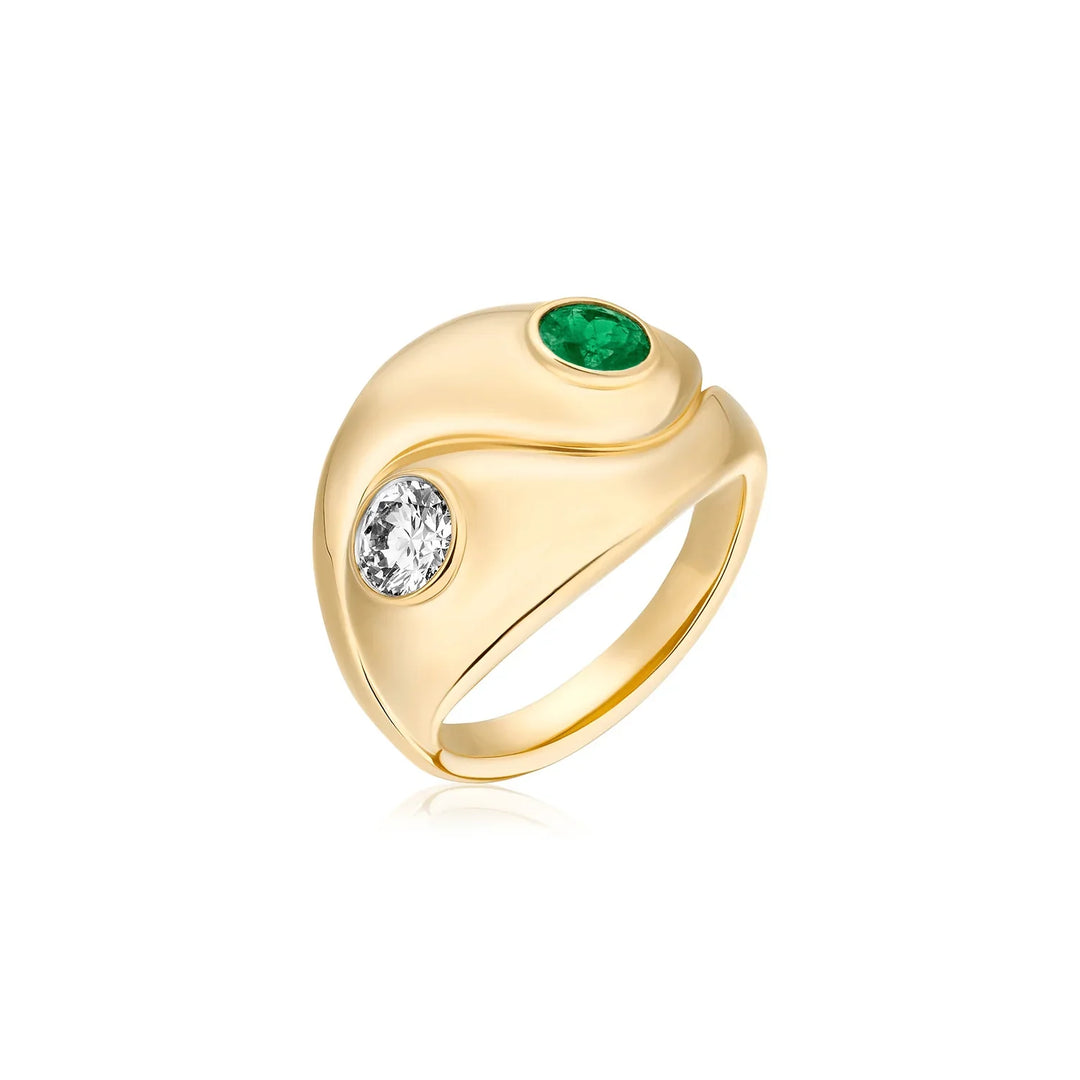 Yin Yang Green Emerald and Diamond Signet Ring