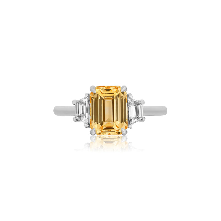 Emerald-Cut Yellow Sapphire with Trapezoid Diamond Side-Stones