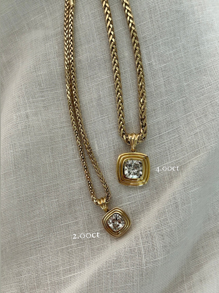 Triple Bezel Cushion Diamond Necklace on a Wheat Chain