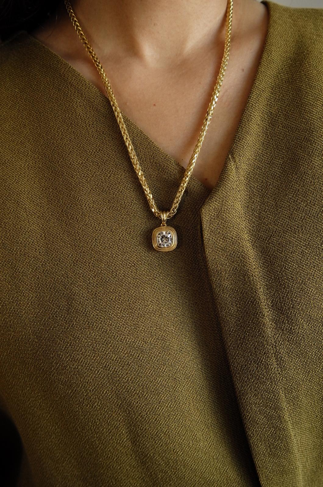 Triple Bezel Cushion Diamond Necklace on a Wheat Chain